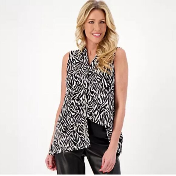 Susan Graver Printed Liquid Knit Sleeveless Button-Front Petite Tunic-Black - Picture 1 of 3